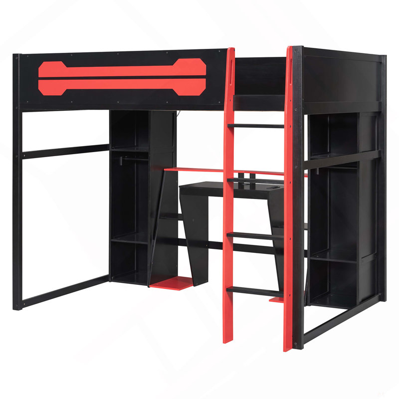 Lit mezzanine double en bois avec bureau et rangement, lumière DEL RVB, station de charge USB, armoire et armoires intégrées, cadre de lit mezzanine peu encombrant pour la chambre à coucher
