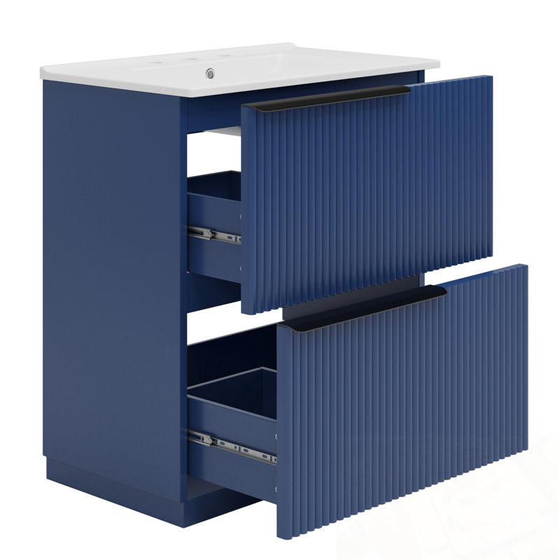 Meuble-lavabo avec lavabo, 2 tiroirs et poignées en métal, Bleu