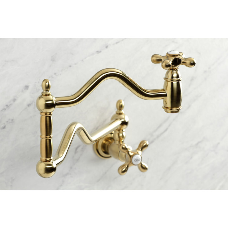 Kingston Brass Heritage Two-Handle 1-Hole Wall Mount Pot Filler Faucet, Brushed Brass, Knob/Cross 