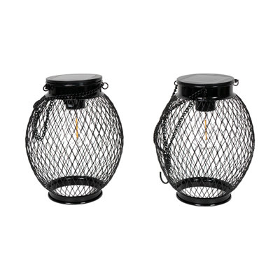 Black Metal Mesh Cage Solar Powered Outdoor 2 Pack 38.5cm Solar Powered Integrated LED Outdoor Lantern