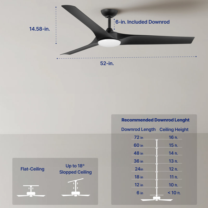 Gossamer 52'' Indoor Ceiling Fan with Light and Remote, Ceiling Fan with LED Light Kit, Modern 3-Blade Design, Quiet 6-Speed DC Motor - Matte Black