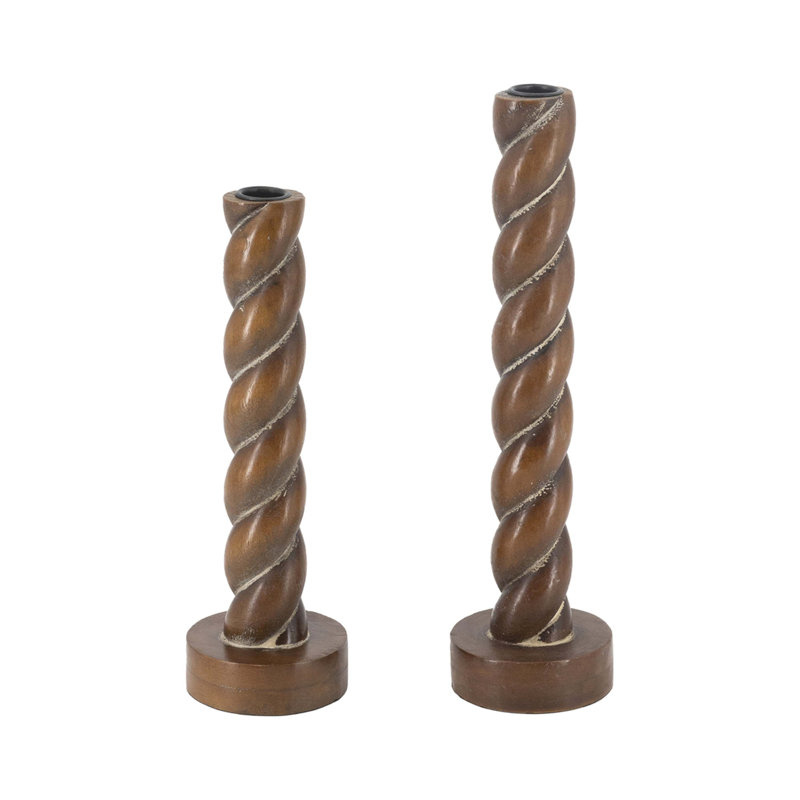 Bougeoirs en bois de bouleau brun S / 2 en spirale, S: 3,5 x 3,5 x 11 po, L: 3,5 x 3,5 x 13 po