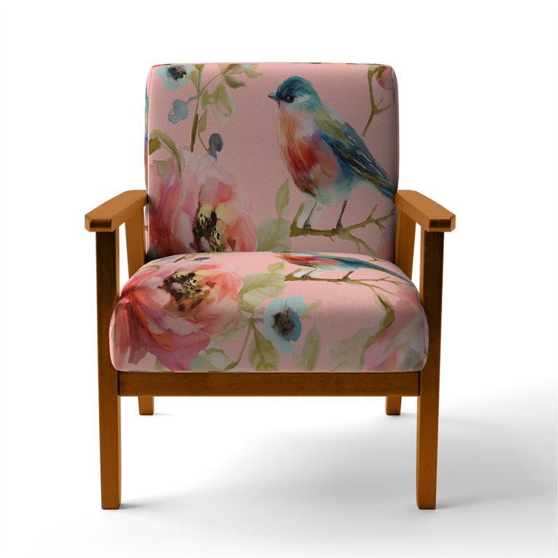 Beautiful Bird Romance I - Upholstered Traditional Accent Arm Chair, Pink Velvet, Brown