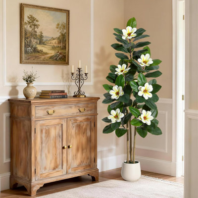 Faux arbre en caoutchouc, plantes artificielles d'intérieur de 60 pouces avec de vraies feuilles de toucher et troncs multiples, arbre artificiel en pot avec des fleurs blanches