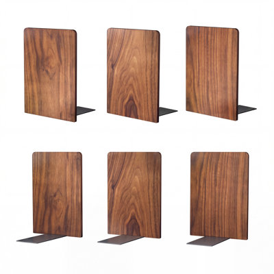 Decorative Walnut Book Ends 6 PCS Set, Wood and Iron L-Shaped Bookends with Hidden Support Base, Non-Skid Pads for Heavy Books, Desk, Library, Office and Shelf Organization, Rectangle Style