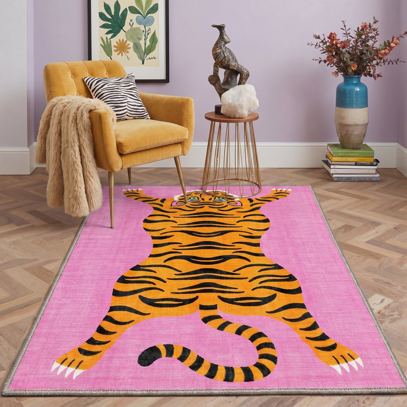 Tigris Animal Print Machine Washable Pink / Yellow / Black Indoor Area Rug with Non-Slip Backing, Round 5'