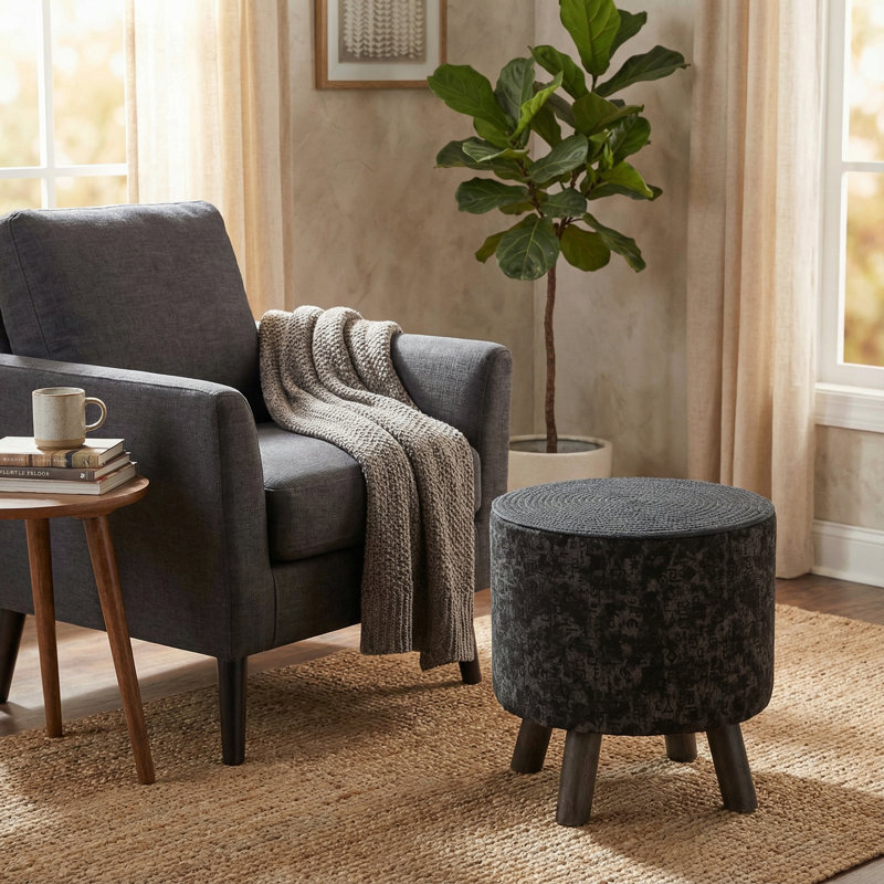 Wetherbee Ottoman Stool with Removable Cotton Cover, Dark Grey
