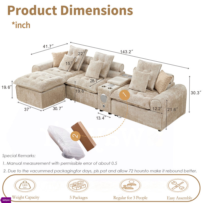 Canapé d'angle modulaire en forme de L de 143,2 pouces, grand canapé combiné moelleux et confortable avec console