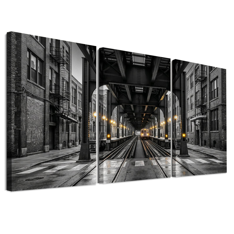 Ensemble de 3 toiles murales représentant une gare aérienne en noir et blanc, 24"H x 16"W x 3pcs