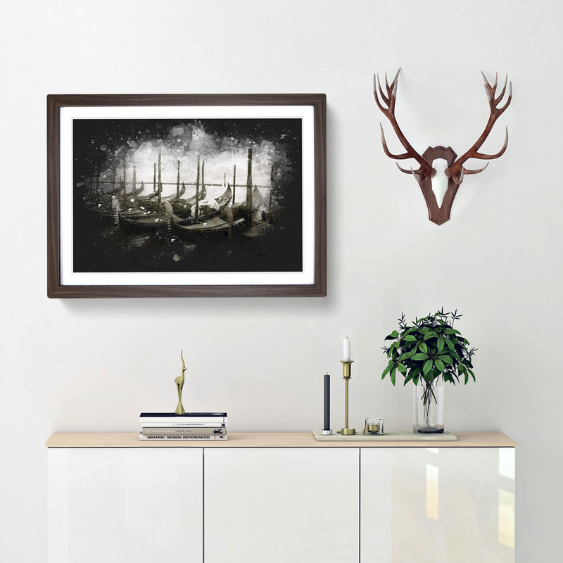 Docked Gondolas In Venice Italy Paint Splash - Framed Print, 45cm H x 63cm W x 2cm D, Walnut Framed