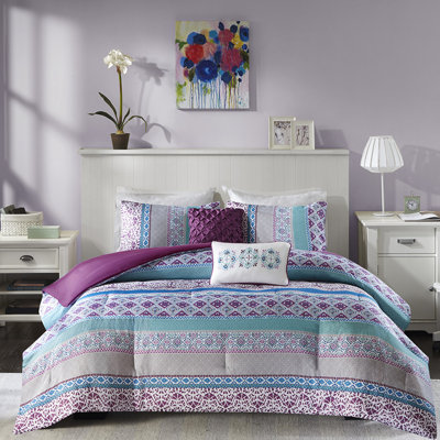 Édredon double / grand - imprimé à thème global, microfibre douce, 2 taies décoratives, coussins décoratifs, housse de couette mauve, rembourrage moderne, lit