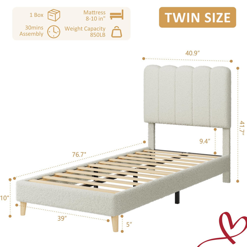 Twin Platform Bed Frame Velvet/Lambswool Upholstered Twin Size Bed Frame with Wave Headboard and Under-Bed Drawer No Box Spring Needed