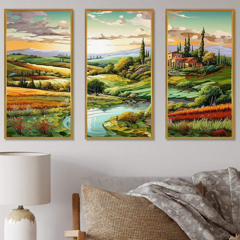 Paysage italien, campagne, ensemble d'art sur toile, Cadre flottant doré, H 32 po x l 48 po x P 1 po