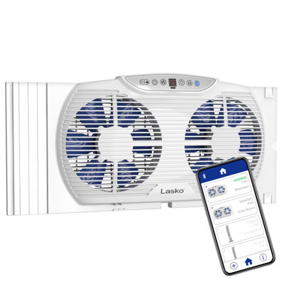 Lasko W09560 Bluetooth Enabled Twin 9-Inch Window Fan with Independent Electrically Reversible Intake & Exhaust Motors with Thermostat and Timer for Bedroom Indoor Home Use, White