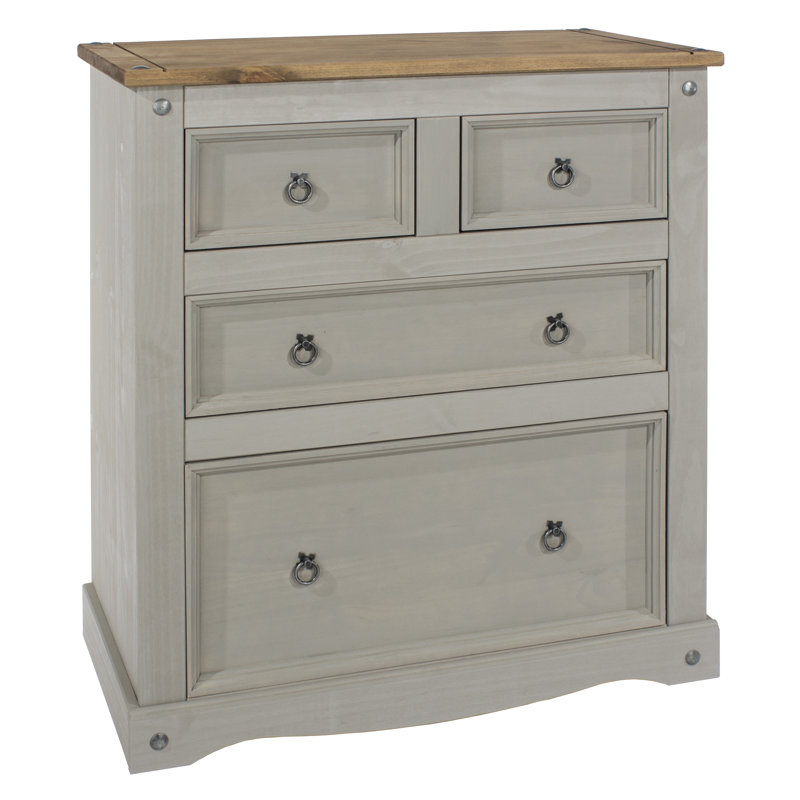 Wes 4 Drawer (2+2) Chest of Drawers, Pine, Antique Waxed, Corona Design, Grey