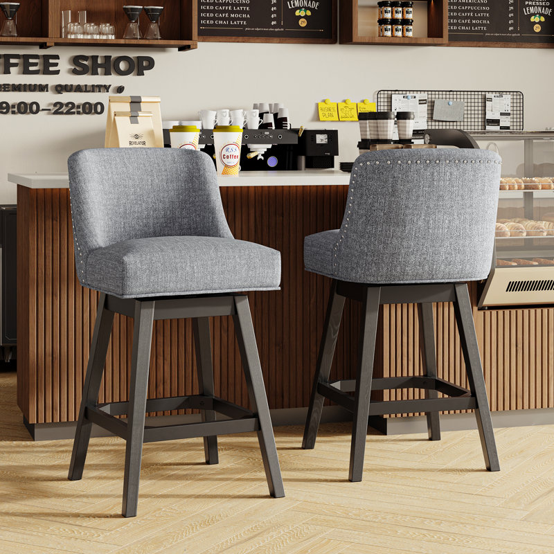 360°Bar Counter Stool with Solid Wood Frame, Light Gray
