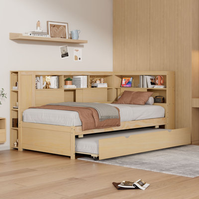 Twin Wood Daybed With Trundle & USB Storage Shelves
