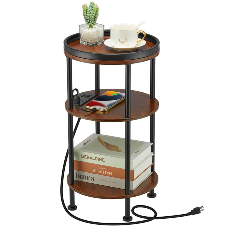 Round Accent Table - 3-Tier Charging Side Table with Power Outlets for Small Spaces, Dark Wooden