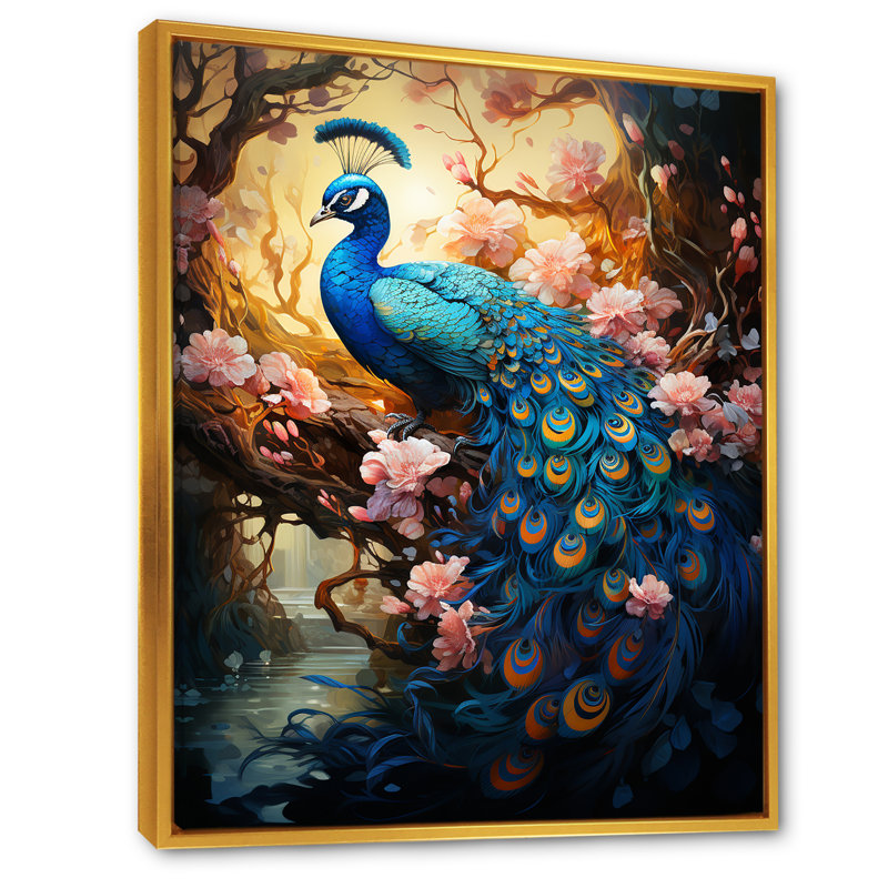Fantaisie paon en fleurs enchantées sur toile, Cadre flottant doré, H 44 po x l 34 po x P 1,5 po