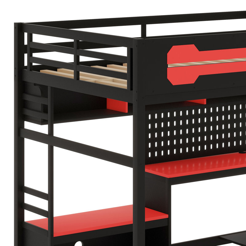Lit mezzanine en bois avec bureau, Noir / Rouge