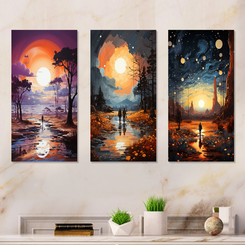 «Yellow Abstract Chromatique Space Landscape I - Abstract Landscape», ensemble de 3 reproductions d'art en métal