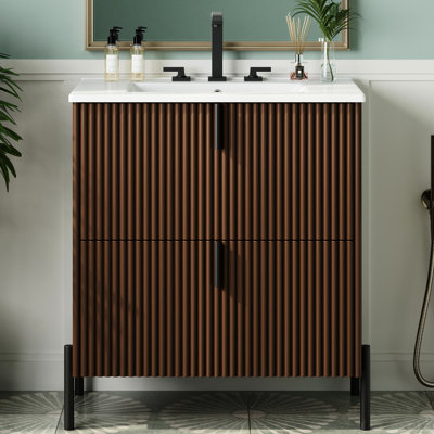 30" Bathroom Vanity Featuring Ceramic Sink, Soft Close Drawer Slides, Dark Brown Tint, Dual Storage Arrangement, Fluted Design For Luxury Baths Intelligent Innovation, Bath Spaces