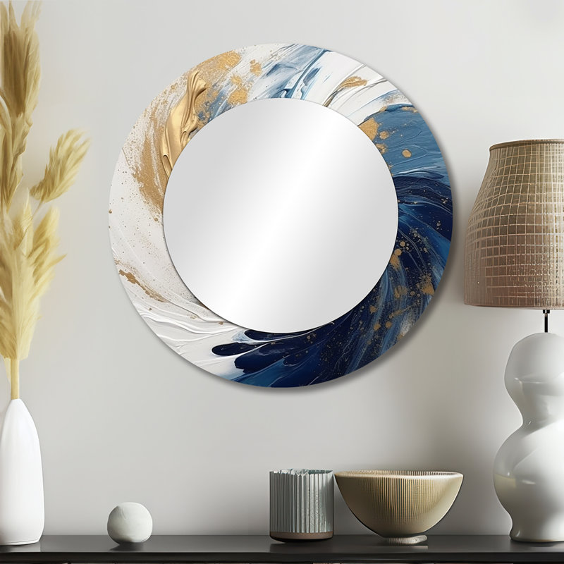 Bleu foncé et spirale dorée IV - grand miroir à spirales abstraites, décor de miroir mural rond bleu unique, art imprimé en métal