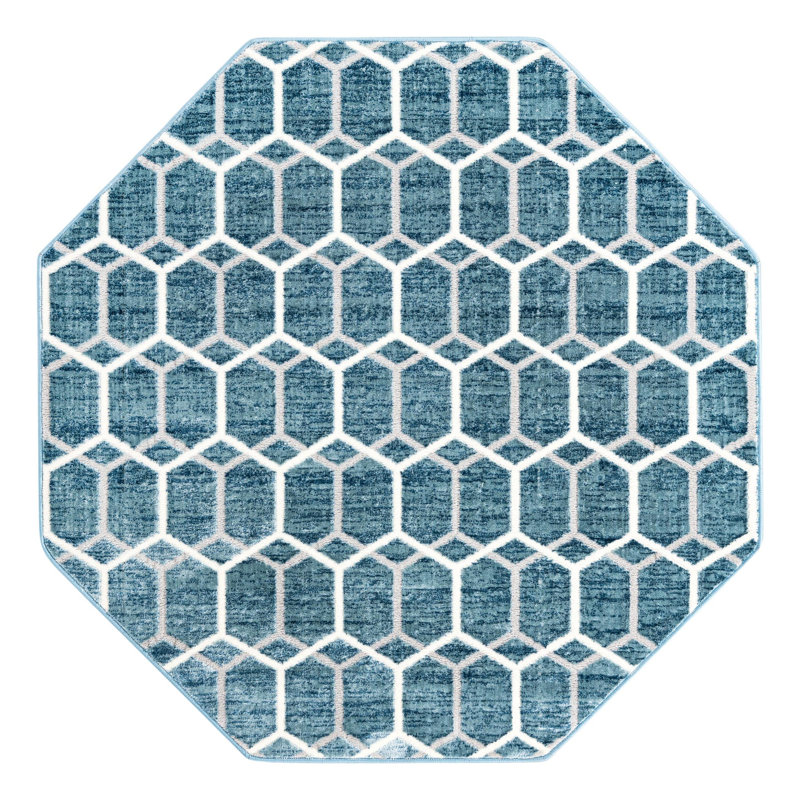 Tapis bleu / ivoire en laine Numa, Octogone 5 pi 3 po x 5 pi 3 po