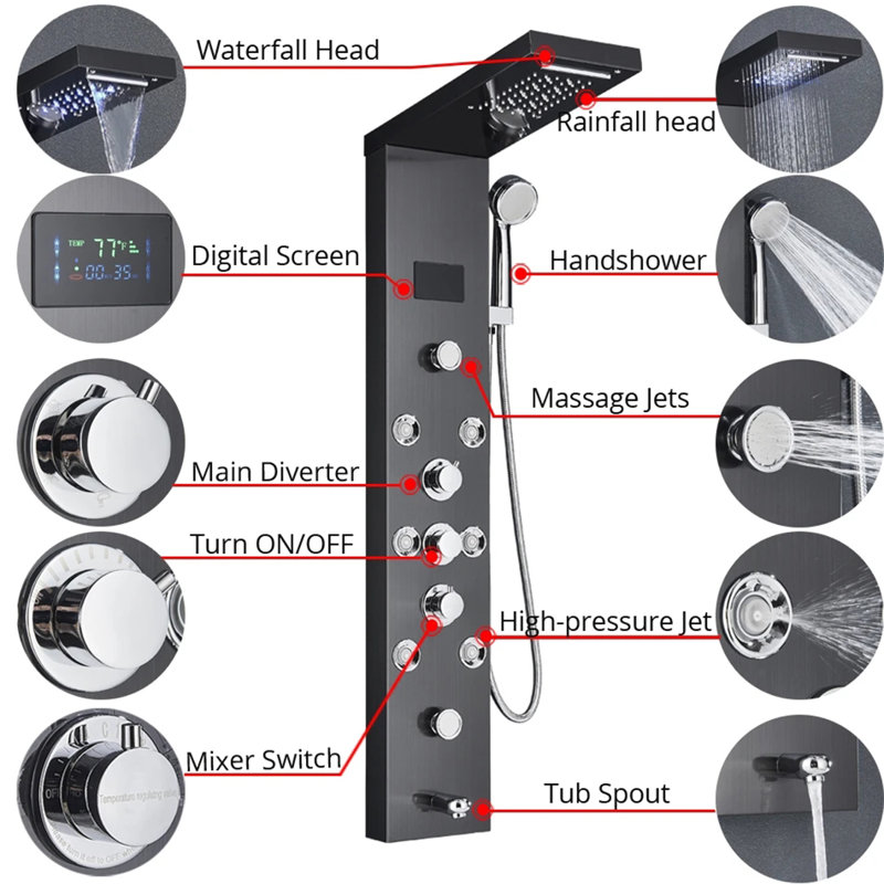 44.88'' Shower Panel with Fixed Shower Head, Black