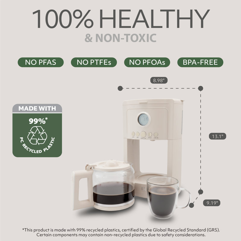 WILLOW 12 Cup Coffee Maker – Programmable Brewing Options with Timer, Beautiful Design, Glass Pot - WHITE, White