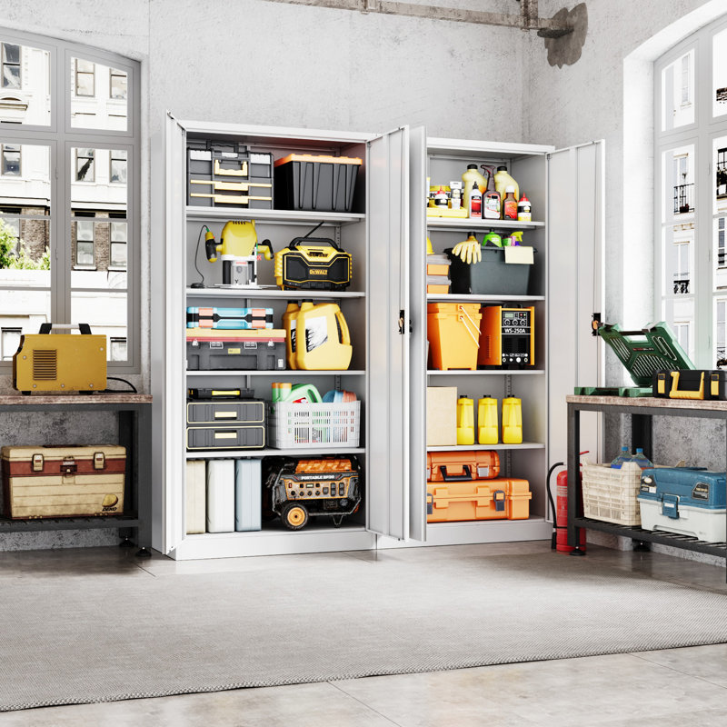 Grande armoire de rangement en acier de 35,43 pouces avec 2 portes et 5 tablettes ajustables, Blanc