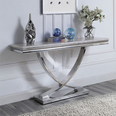 Table de canapé avec plateau en faux marbre et base en acier inoxydable, finition argentée, rectangulaire, pour le salon ou le vestibule