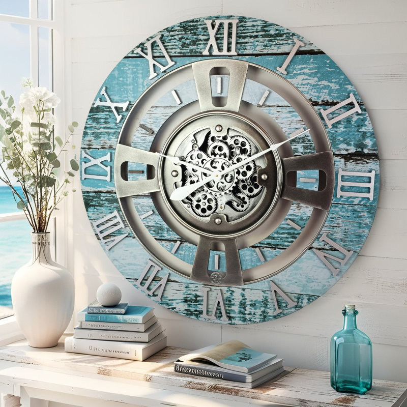 Solid Wood Wall Clock, Ocean Blue, Large 61cm