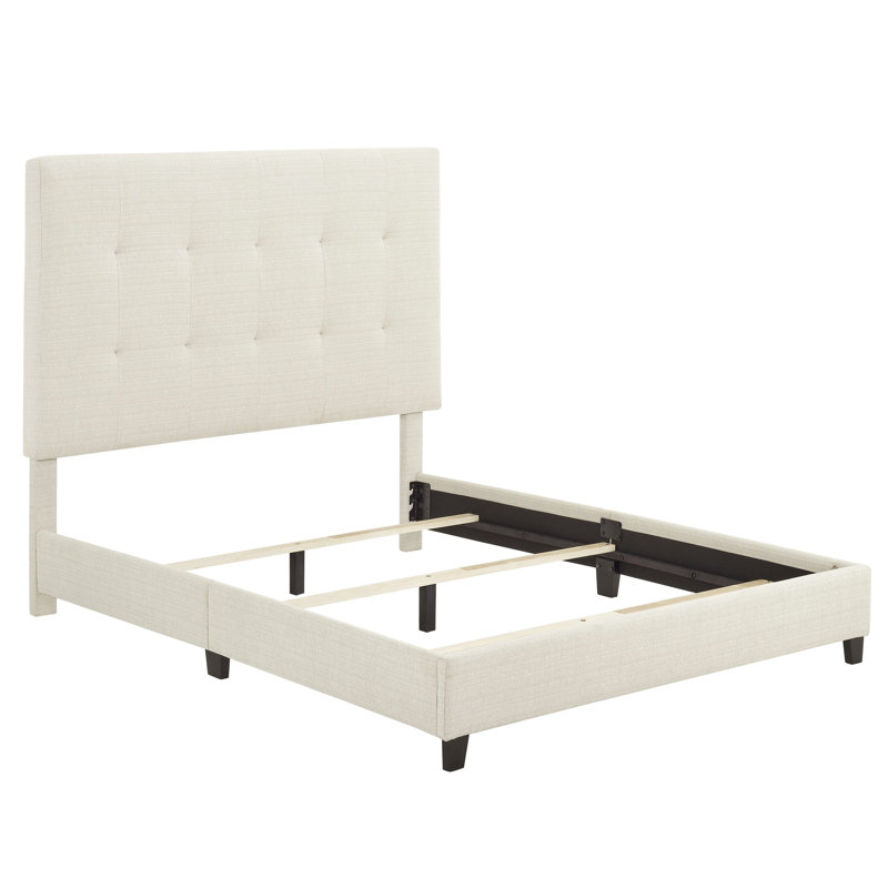 Lit beige moderne avec structure solide et tête de lit rembourrée de grande taille