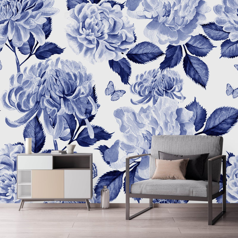 Murale fleurs et papillons, L 8,33 pi x L 8,33 pi