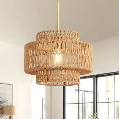 Luminaire lustre en rotin 12,6 po Boho, luminaire suspendu tissé à la main à 1 lumière de style campagnard rustique pour îlot de cuisine Chambre à coucher, salle à manger, salon, entrée, vestibule (brun)