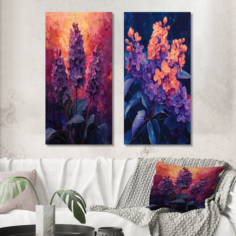 Fiery Lilacs In Dark Tones Expressionism I - Floral Wall Art 2 Pieces, 28" H x 25" W, Wrapped Canvas