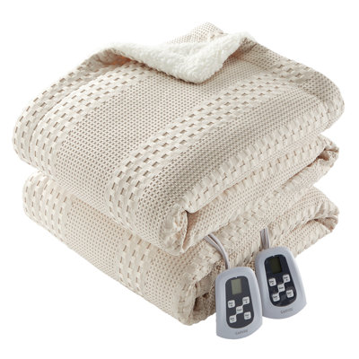 Couverture chauffante en sherpa gaufré avec contrôleur numérique 9 niveaux de chaleur 1-12H minuterie d'arrêt automatique lavable à la machine kaki 84 x 90 pouces