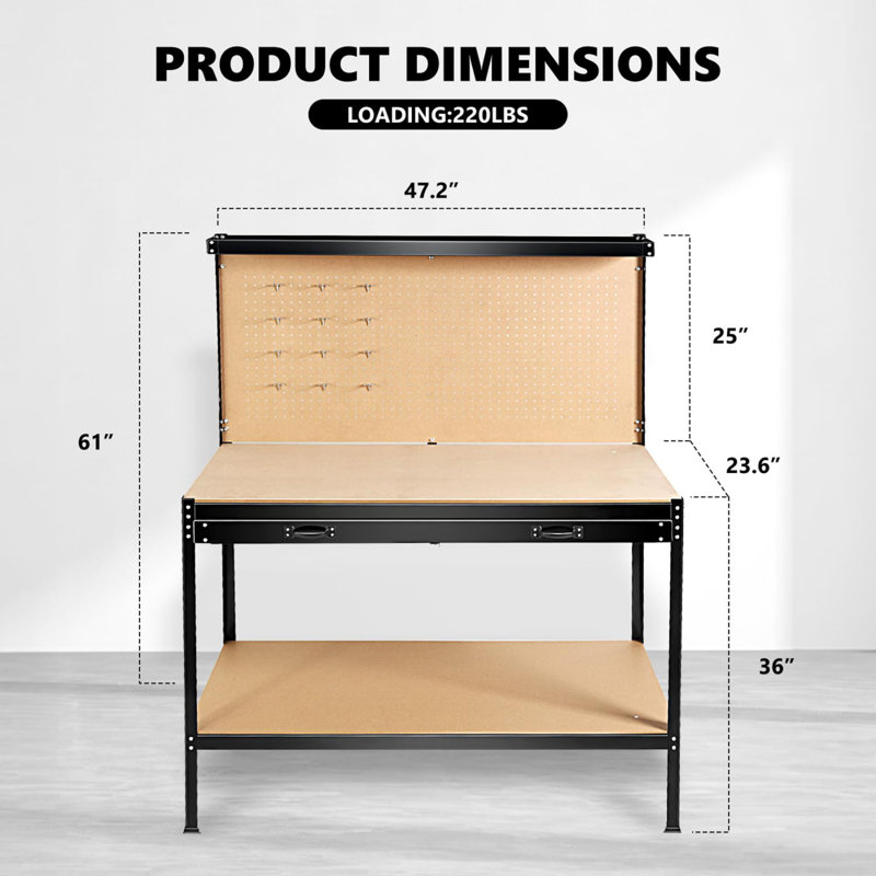 63" Tools Cabinet Working Tables Workbench Tool Storage Workshop Table With Drawers And Pegboard