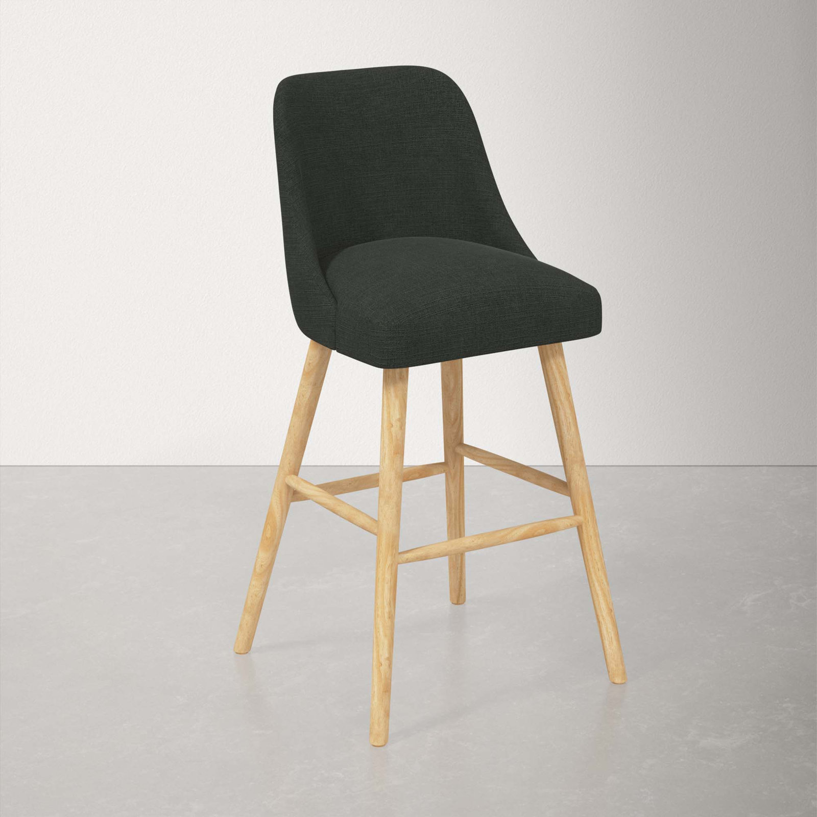 Gallie Stool, Bar Stool (31" Seat Height), Natural Wood, Classic Black Linen