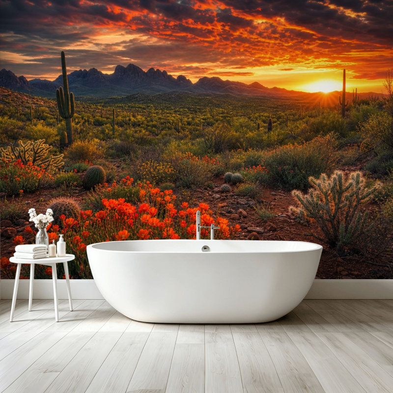 Papier peint adhésif peler et coller Cactus Wildflower Desert Sunset Vibrant Sky Mountains, art mural auto-adhésif et amovible