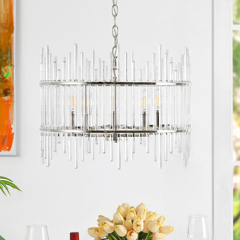 Lustre tambour en verre 5 lumières Eletto, Nickel