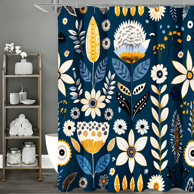 Rideaux de douche Boho avec crochets inclus, Bleu / bleu marine / or floral