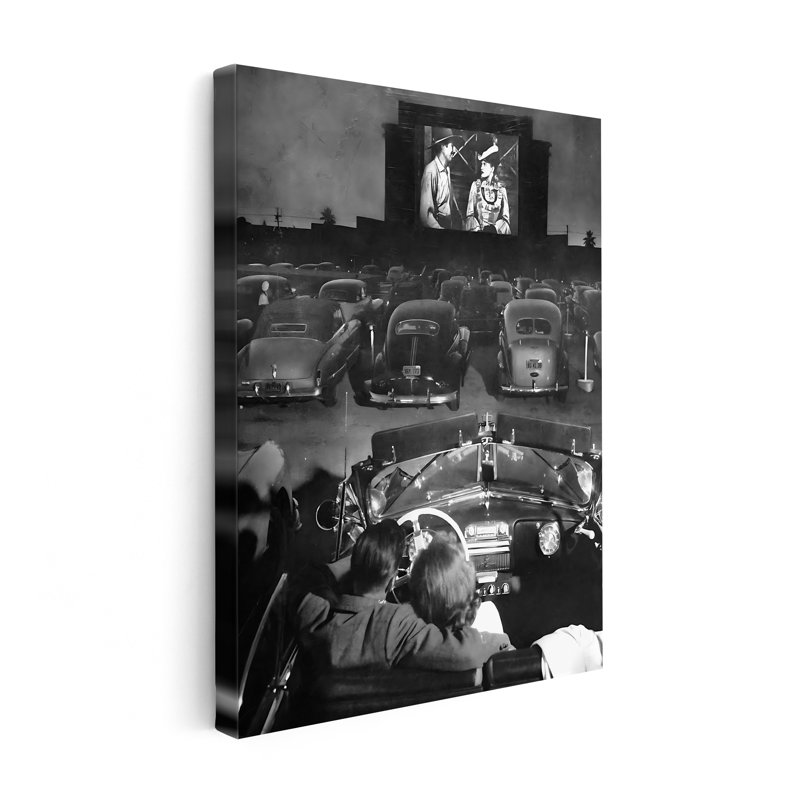 Drive in Movie Theatre, Canvas, 16"H x 20"W, Brown Framed