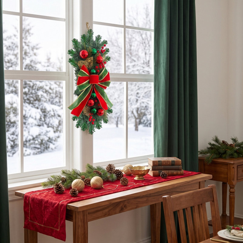 2 décorations de Noël pour la porte d'entrée : guirlande de 45 cm avec boules, ruban, pommes de pin et formes de larme, en pin artificiel, pour mur, fenêtre ou cheminée.