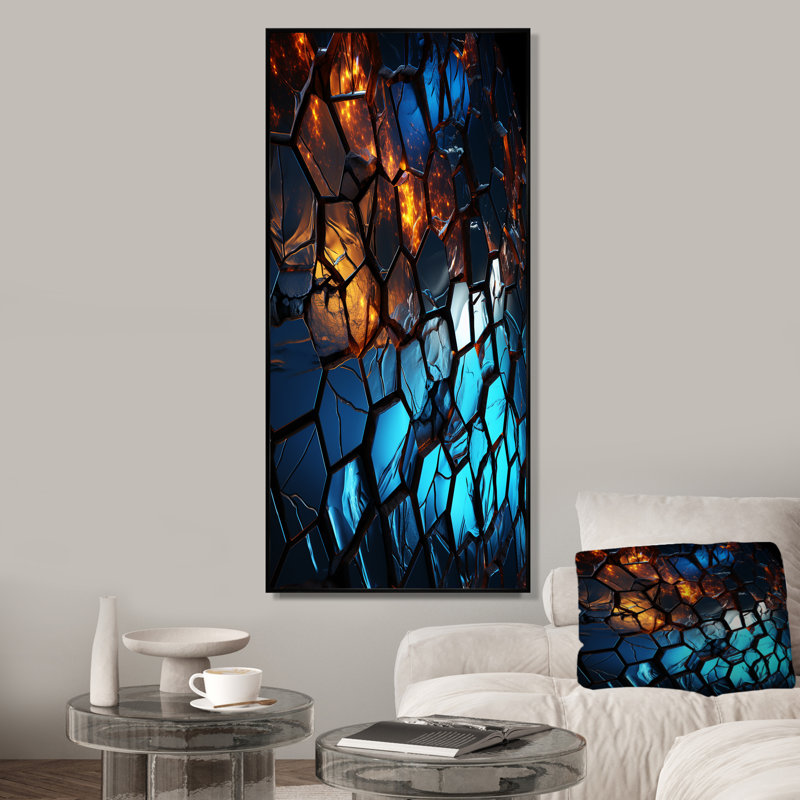 "Mosaïque fractale bleue et jaune III", Cadre flottant noir, 60" H x 28" W