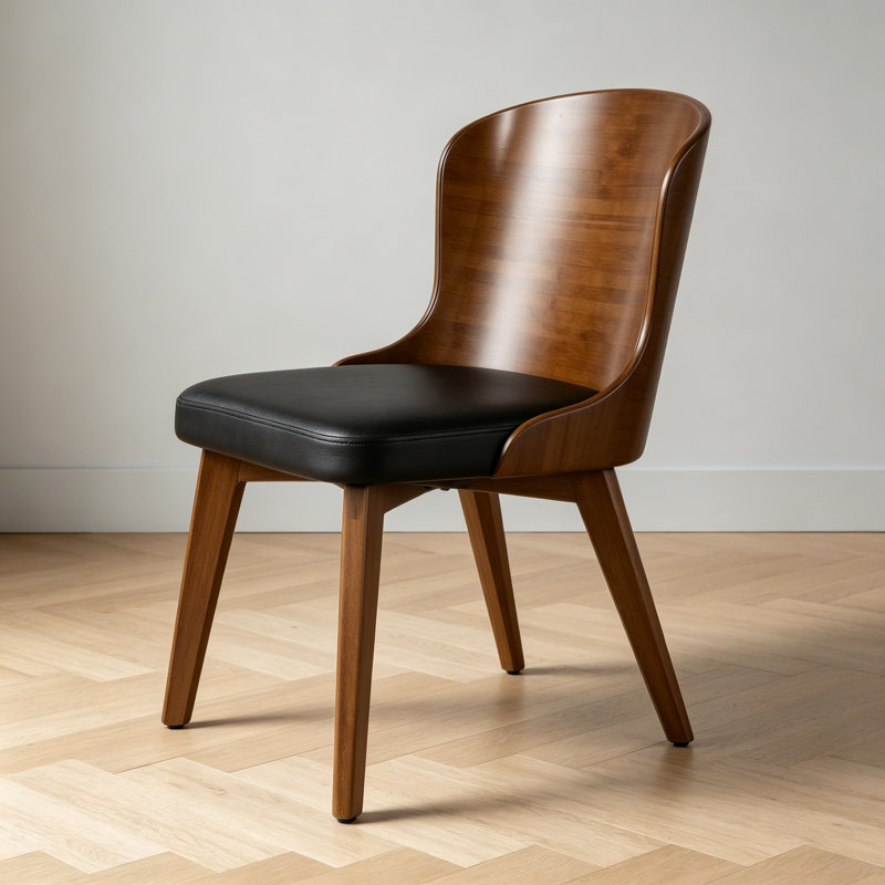 Chaise Bocello Mid-Century en noyer et similicuir noir par Lumisource