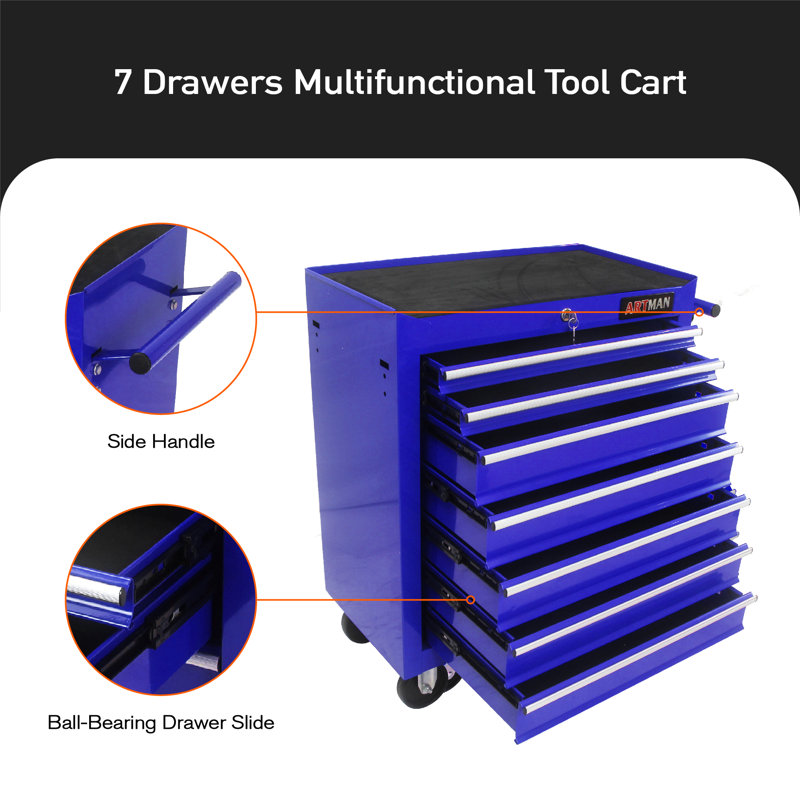 24.2'' W 7 -Drawer Steel Bottom Rollaway Chest with Wheels, Blue