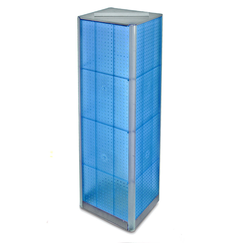Présentoir de plancher à quatre côtés en panneau perforé sur base pivotante. Support à roulettes. Taille du panneau: l 16 po x H 60 po