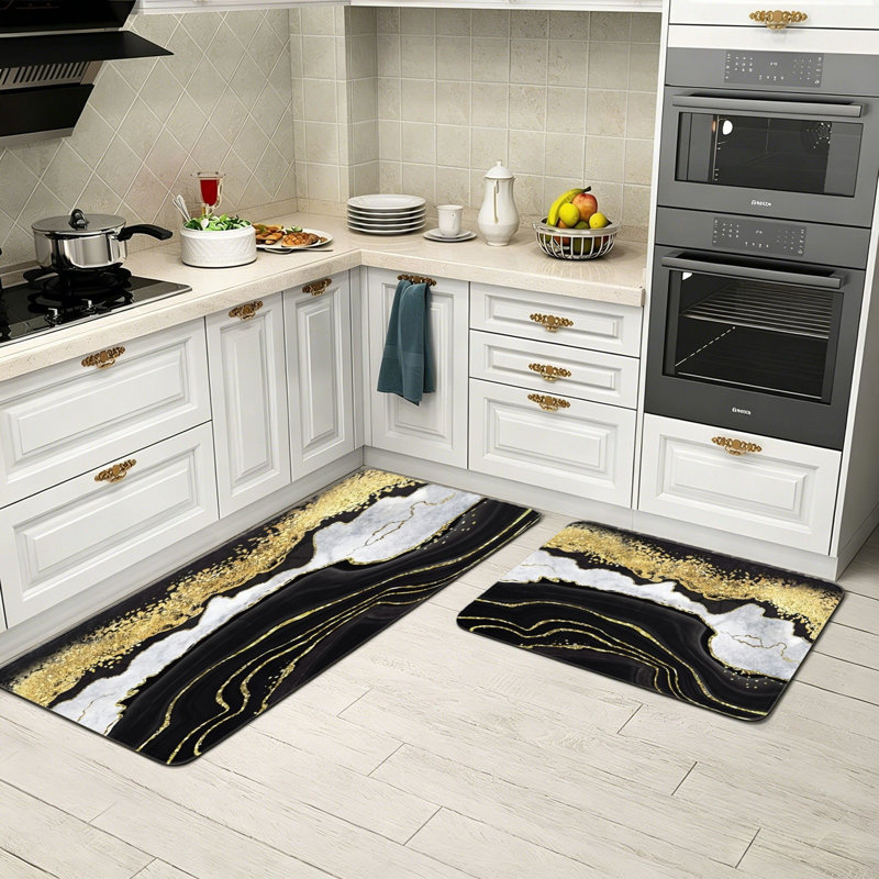Ensemble de 2 tapis de cuisine en agate noire et or